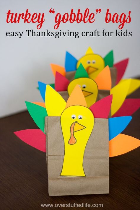 Make these adorable turkey "gobble" bags with your kids this Thanksgiving. It's the perfect craft idea for keeping kids busy while waiting for their pie! #overstuffedlife Turkey Lunch, Thanksgiving Crafts For Toddlers, Happy Home Fairy, Thanksgiving Crafts Preschool, Thanksgiving Turkey Craft, Easy Thanksgiving Crafts, November Crafts, Paper Bag Crafts, Thanksgiving Craft