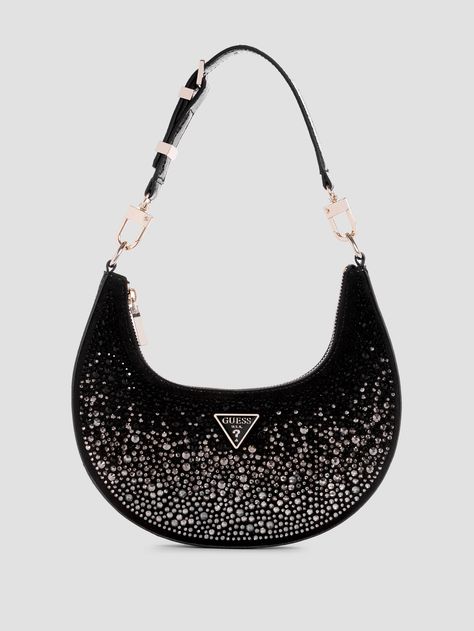 Faux-leather and suede shoulder bag Ombre rhinestone embellishments at front and back Shiny gold-tone hardware and enamel triangle emblem Curved crescent moon silhouette Single-compartment construction Detachable, adjustable top handle Top zip closure Shoulder strap with 9.5" drop 9.75"W x 7.75"H x 1.5"D Guess Shoulder Bag, Expensive Bag, Embellished Bags, Guess Handbags, Handbag Heaven, Fancy Bags, Luxury Purses, Vanity Case, Casual Accessories