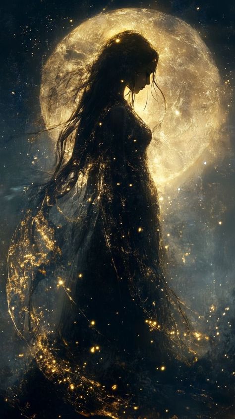 Goddess Of Moon Aesthetic, Moon Woman Aesthetic, Inner Light Art, Lady Of The Moon Aesthetic, Celestial Woman Art, Black Ethereal Aesthetic, Nocturnal Aesthetic, Dark Celestial Aesthetic, Ethereal Beauty Woman