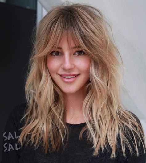 Caramel Blonde Cut With Shaggy Layers Long Shag Hairstyles, Shades Of Red Hair, Long Shag Haircut, Layered Haircuts With Bangs, Caramel Blonde, Long Layered Haircuts, Shag Hairstyles, Shag Haircut, Long Hair With Bangs