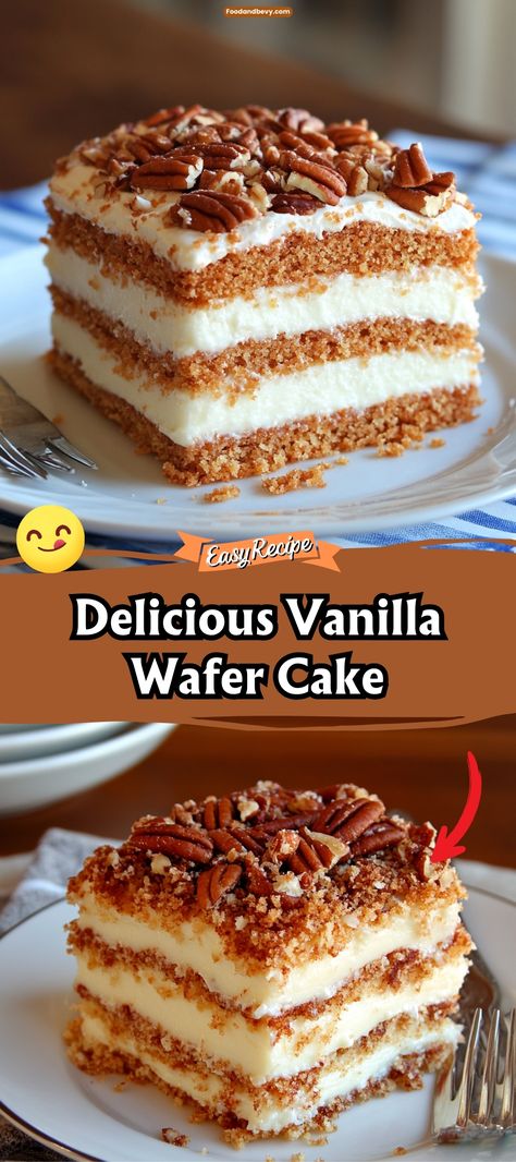 Indulge in the sweet, comforting taste of Vanilla Wafer Cake, where crunchy vanilla wafers blend seamlessly with rich batter to create a uniquely textured and flavorful dessert. This cake is perfect for those who appreciate a nostalgic twist to their sweet treats. Ideal for any gathering, it promises to be a crowd-pleaser that evokes fond memories. #VanillaWaferCake #DessertTime #NostalgicBakes Desserts Using Vanilla Wafers, Vanilla Wafer Desserts, Nilla Wafers Recipes, Wafer Desserts, Vanilla Wafer Recipe Desserts, Wafer Cake Recipe, Vanilla Wafer Dessert, Nilla Wafer Recipes, Vanilla Dessert Recipes