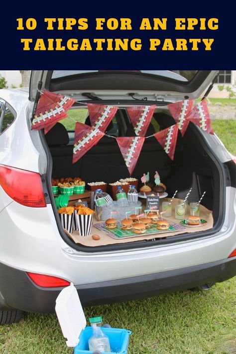 10 Tips for throwing the best tailgating party Tailgate Party Decorations, Football Party Supplies, Denver Bronco, Football Invitations, Mini First Aid Kit, Chili Toppings, Game Day Party, Football Decorations, Night Food