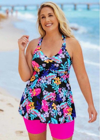 Floral Print Plus Size Cross Strap Tankini Set Tankini With Shorts, Plus Size Tankini, Plus Size Summer Outfits, Summer Trends Outfits, Printed Tankini, Bra Style, Swimwear Online, Tankini Set, Plus Size Summer