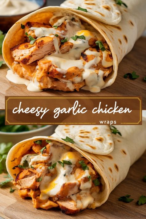 Cheesy garlic chicken wrap with grilled chicken, creamy sauce, and herbs on a wooden board. Chicken Ranch Roll Ups Tortilla, Ez Chicken Recipes Dinners, Air Fry Chicken Wraps, Chicken Tender Lunch Ideas, Chicken Tenderloin Wraps, Chicken Thigh Wraps, Fried Chicken Leftovers Recipes, Leftover Grilled Chicken Ideas, Grilled Chicken Caesar Wrap