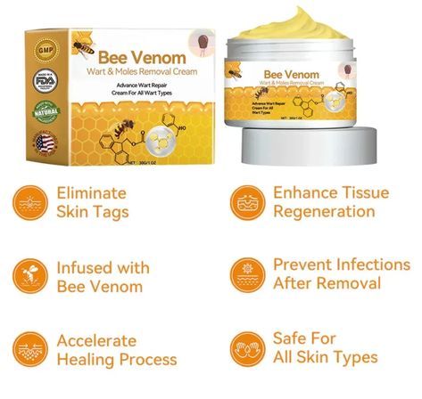 AQA™ Bee Venom Warts & Moles Removal Cream Mole Removal Cream, Wart Cream, Remove Warts, Mole Removal, Bee Venom, Skin Tags, Skin Tissue, Repair Cream, Healing Process