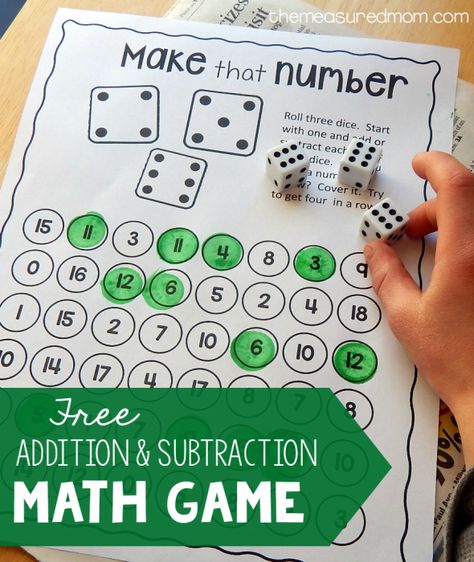 Free printable addition and subtraction math game Subtraction Activity, Printable Math Games, Measured Mom, Free Math Games, Subtraction Games, Daily Five, Subtraction Activities, Math Games For Kids, Math Intervention