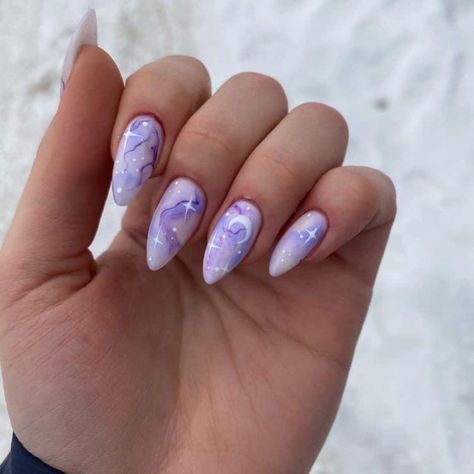 Purple Watercolor Nails, Outer Space Nails, Star Nail Designs, Horror Nails, Sky Nails, Hippie Nails, Moon Nails, Purple Nail Designs, Lavender Nails