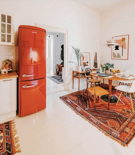 Kitchen Spaces  #kitchendecor #bohemian #smallspaces #eclecticdecor #brightandhappy Red Fridge Kitchen, Red Fridge, Wall Decor Amazon, Fridge Kitchen, Vintage Fridge, French Kitchen Decor, Dining Nook, Mug Design, Design Thinking