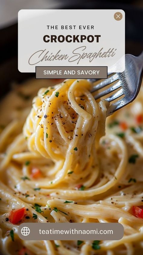 Whip up this delicious and creamy CrockPot Chicken Spaghetti with minimal effort! This easy slow-cooker recipe combines tender chicken, spaghetti, and a rich, cheesy sauce, making it a perfect family dinner. Ideal for busy weeknights or meal prep, this comforting dish will become a household favorite. Chicken Pasta Sauce Crockpot, Crockpot Chicken Spaghetti Recipe, Simple Crockpot Chicken, Chicken Spaghetti Recipe Crockpot, Crock Pot Cheesy Chicken, Gut Protocol, Crockpot Chicken Spaghetti, Creamy Crockpot Chicken, Chicken Spaghetti Recipe