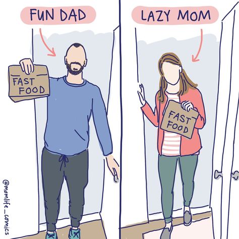 viral parenting double standards comic by Mary Catherine Starr Cocktail Waitress, Five Guys, Double Standards, Single Dads, Super Dad, Female Friends, Single Mom, Three Kids, Mom And Dad