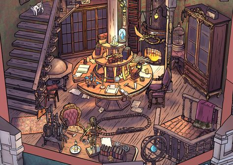 Fantasy Workshop Concept Art, Wizard Tower Interior, Wizard Workshop, Fantasy Workshop, Workshop Drawing, Tower Interior, Magic Workshop, Magical Workshop, Fantasy Shop