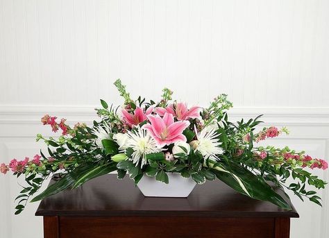 Horizontal Flower Arrangement, Mc Stand, Stand Flower, Table Flower Arrangements, Horizontal Design, Large Flower Arrangements, White Centerpiece, Church Flower Arrangements, Keep Safe