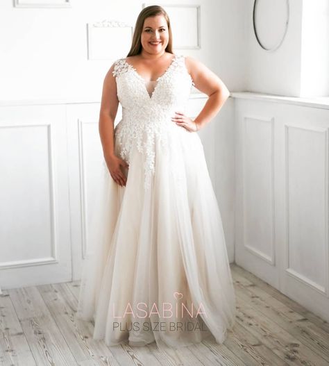 #plussizeweddingdress plus size wedding dress, Alina gown from Lasabina Plus Size Bridal Long Sleeve Wedding Dress Simple, Knee Length Wedding Dress, Boho Wedding Gowns, Plus Size Wedding Dress, Plus Size Brides, Plus Size Wedding Gowns, Wedding Dress Lace, Lace Ball Gowns, Long Sleeve Wedding Dress Lace