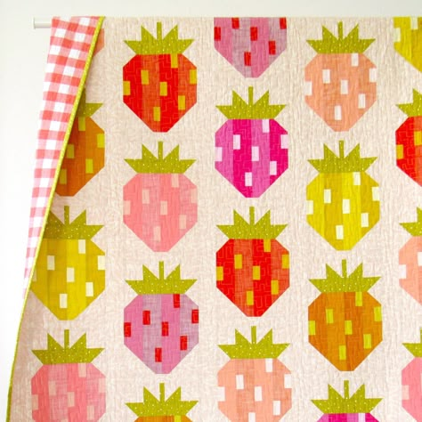 This pattern includes instructions for two quilt sizes and a quilted pillow cover featuring 8" x 12" patchwork strawberry blocks. (The blocks in this pattern are similar, but larger than the strawberries in The Produce Section quilt.) All fabric is rotary cut and sewn together using conventional patchwork piecing. The directions include instructions for making sets of blocks with fat quarters, or individual blocks with scraps and/or precut squares. Please refer to the pattern back image for quil Quilted Pillow Cover, Elizabeth Hartman, Picnic Quilt, The Quilt Show, Crochet Quilt, Pdf Quilt Pattern, All I Ever Wanted, Lap Quilt, Quilted Pillow