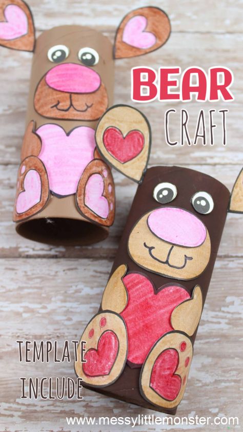 Cardboard tube bear craft for preschoolers. Free printable bear template. #bearcraft #bearcraftspreschool #bearcraftsforkids #bearprintable #bearprintablefree #hibernationpreschool #valentinescraftskids Bear Crafts Preschool, Footprint Penguin, Walking Water, Bear Template, Bear Craft, Paper Towel Crafts, Craft For Preschoolers, Handprint Christmas, Dough Ornaments