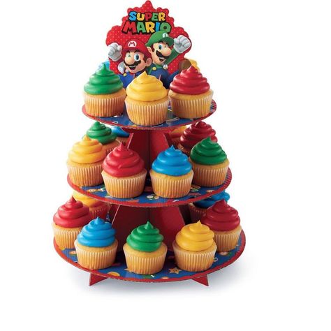 This Super Mario Cupcake Stand features designs of Mario, Luigi, and various icons from the game. All the kids at your little gamer's birthday party will rush to the snack table when they see cupcakes on this Mario stand! Super Mario Cupcakes, Super Mario Bros Birthday Party, Mario E Luigi, Super Mario Bros Party, Treat Stand, Mario Bros Birthday, Mario Bros Party, Super Mario Birthday Party, Mario Birthday Party