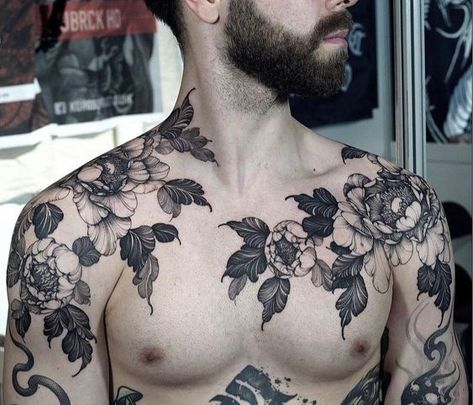 Men Floral Tattoo Sleeve, Man Floral Tattoo, Masculine Flower Tattoo For Men, Carnation Tattoo Men, Botanical Chest Tattoo Men, Floral Chest Tattoo Men, Male Sternum Tattoo, Big Shoulder Tattoo, Men Floral Tattoo