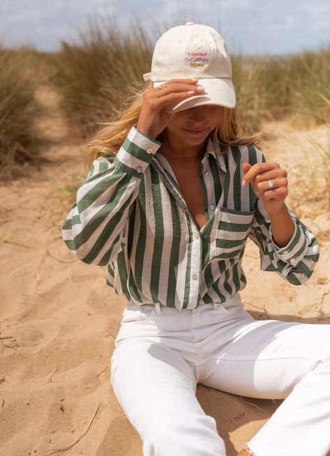 Green Striped Benza Shirt – Easy Clothes North America Green Striped Shirt Outfit, Striped Blouse Outfit, White Striped Shirt Outfit, Parisian Spring, Outfits With Striped Shirts, Parisian Women, Striped Linen Shirt, Long Sleeve Outfits, Bali Style