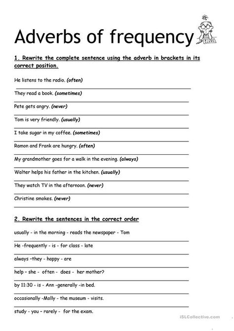 adverbs of frequency - English ESL Worksheets for distance learning and physical classrooms Frequency Worksheet, English Adverbs, Adverb Activities, Adverbs Worksheet, Adjective Worksheet, English Teaching Materials, Simple Present, English Exercises, Verb Worksheets