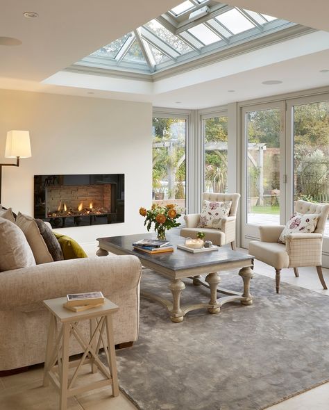 WESTBURY GARDEN ROOMS on Instagram: “Is anyone else obsessed with watching and listening to the wind blowing outside? Especially when the fire is going and you're in the…” Open Plan Sitting Room, Orangery Sitting Room, Dining Room With Garden View, Orangery Extension Living Room, Sage Conservatory, Orangery With Fireplace, Sitting Room Extension Ideas, Open Plan Country Kitchen, Orangery Furniture Ideas