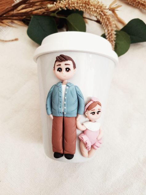 Polymer clay mug, polymer clay work, polymer clay figurine, handmade work, father's day Polymer Clay Mug, Polymer Clay Figurine, Mug Gift Ideas, Clay Mug, Mug For Dad, Father And Daughter, Clay Mugs, Clay Figurine, Mug Personalized