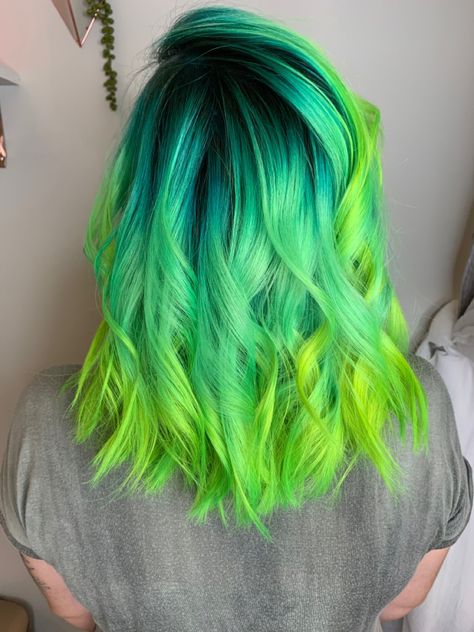 Vivid Green Hair, Lime Green And Blonde Hair, Neon Green Ombre Hair, Neon Ombre Hair, Ombré Green Hair, Green Vivid Hair Color, Ombre Vivid Hair Color, Blue To Green Ombre Hair, Blue And Green Hair Ombre