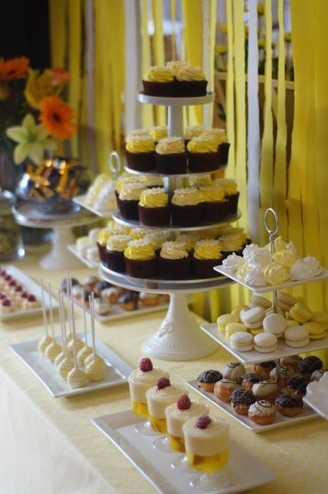 Yellow themed dessert table. Retirement Sweet Table Ideas, Yellow Dessert Table, Yellow Desserts, Dessert Table Ideas, Dessert Station, All White Party, Themed Desserts, Wedding Dessert Table, Wedding Dessert