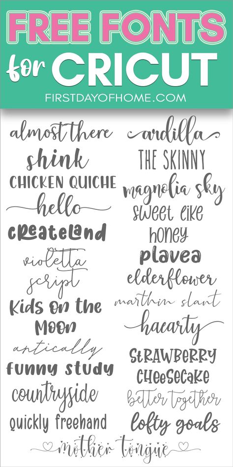 Get free fonts to use for Cricut projects, including cute handwritten script fonts and bold serif and sans serif fonts. These are great for t-shirts, mugs and tote bags. All are free for personal use, and some come with options for commercial use. #freefonts #cricut #firstdayofhome Cricut Projects Beginner Tshirts, Cricut Font Combinations, Best Cricut Fonts, Cricket Joy, Tshirt Making, Letters Tattoo, Free Fonts For Cricut, Alfabet Font, Font For Cricut