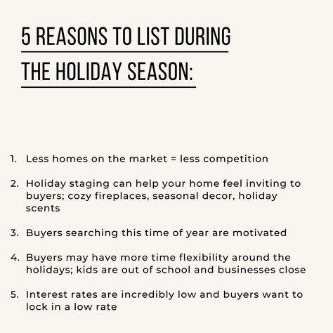 You don't have to wait until the new year to list your home! If you've been thinking of listing, the holiday season is a great time. 🏡 Many people think that they have to wait until Spring to list their home, but the demand from buyers is still high this time of year. The real estate market has been incredibly competitive this year and buyers searching during the holidays are motivated! Plus, your home probably looks great when staged for the holidays! ✨ Fireplaces, cozy living rooms and holid What To Post On Social Media Real Estate, Friday The 13th Real Estate, December Realtor Posts, Holiday Real Estate Posts, Mortgage Content, Realtor Aesthetic, Realtor Ads, New Real Estate Agent, Real Estate Marketing Ideas