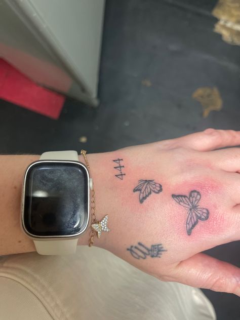 #handtattoo #butterflytattoo #angelnumbers #angelnumbertattoo Butterfly Hand Tattoo, Number Tattoos, Butterfly Tattoo, Hand Tattoos, Tattoos