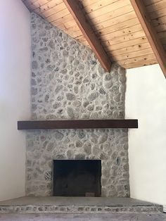 Emily Henderson German Schmear Dried Wyoming House, German Schmear, Stone Fireplace Makeover, River Rock Fireplaces, Fireplace Redo, Log Home Interiors, Fireplace Facade, Rock Fireplaces, Stone Facade