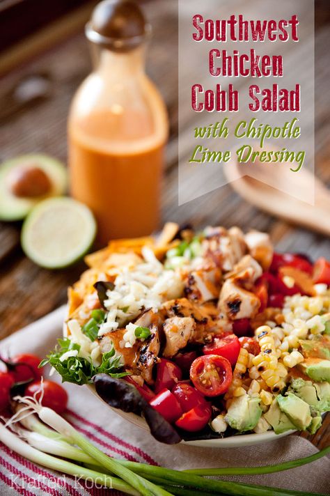 Chipotle Lime Southwest Dressing - Krafted Koch - Loaded with fresh vegetables and grilled chicken, this salad is bold and flavorful! Chipotle Lime Dressing, Southwest Dressing, Chicken Cobb Salad, Healthy Dinner Salads, Corn Avocado, Tortilla Strips, Manchego Cheese, Southwest Chicken, Dinner Salad