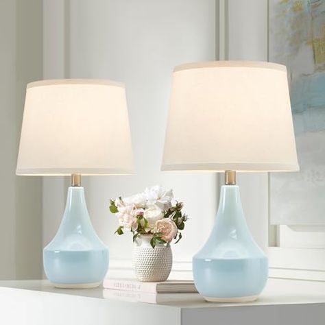 GyroVu Table Lamp Set of 2, 18.63” Ceramic Table Lamp Classic Beside Lamps Nightstand Lamp Modern Table Lamp for Living Room, Bedroom & Office Rocker Swtich Sky Blue-LED Bulbs Included Lamps Nightstand, Lamp For Living Room, Nightstand Lamp, White Lamp Shade, Lamp Set, Coastal Living Room, Lamp Modern, Ceramic Table Lamp, Lamp For Bedroom