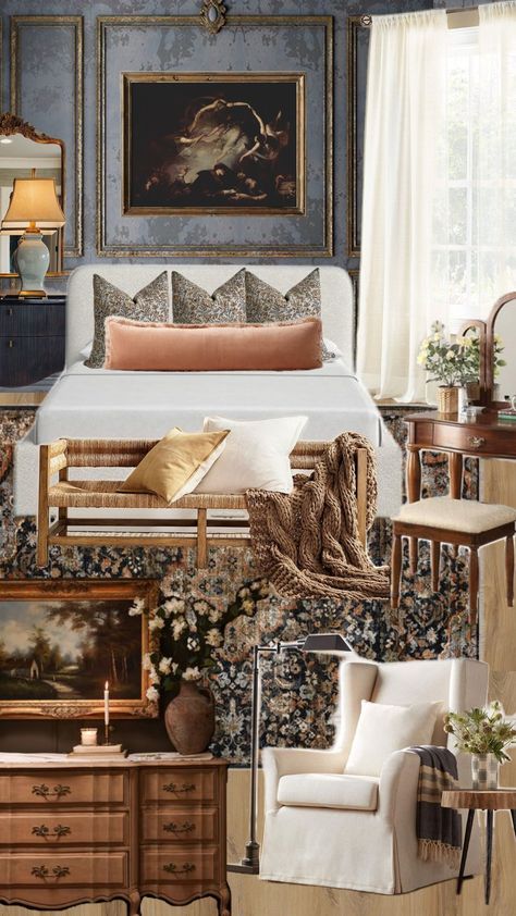 #moody #bedroom #homedecor #vintage Moody Vintage Master Bed, Tuscany Bedroom Ideas, Moody Art Above Bed, Moody Vintage Bedroom, Moody Feminine Bedroom, Tuscany Bedroom, Moody Vintage Prints, Dramatic Bed Moody, Moody Bedding Bedding & Blankets