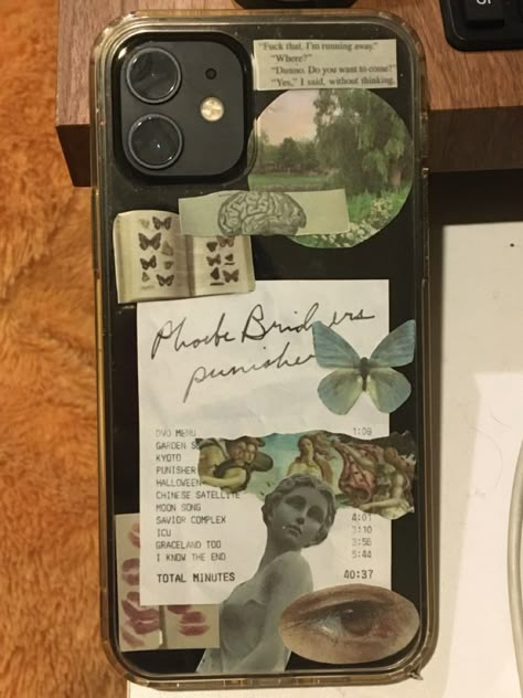 Things To Put Under A Clear Phone Case, Clear Phone Case Ideas Green, Goblincore Phone Case, Black Iphone Clear Case Ideas, Phoebe Bridgers Phone Case, Fairy Grunge Phone Case, Diy Phone Case Collage, Phone Case Picture Collage, Earthy Phone Case