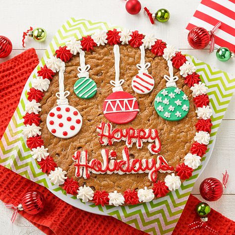 Deck The Halls Cookie Cake Decorated Cookie Cake, Cookie Cake Ideas, Message Cookies, Christmas Cake Decorating, Giant Cookies, Cookie Cake Decorations, Christmas Cookie Cake, Mrs Fields, Cookie Cake Designs