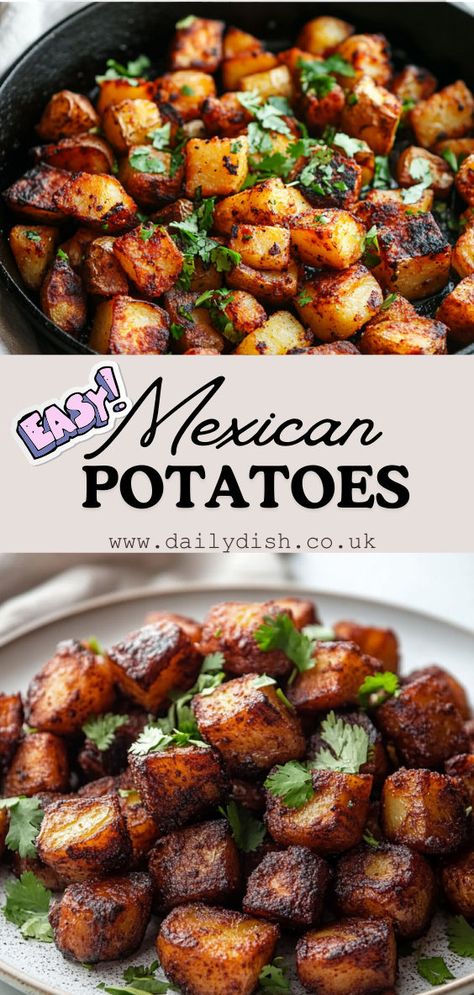 Crispy Mexican Potatoes Mexican Potatoes Recipes Side Dishes, Side Dishes Mexican Food, Mexican Side Dishes Easy Healthy, Easy Tex Mex Recipes, Mexican Sweet Potato Recipes, Potato Tacos Mexican Easy, Spicy Potatoes Recipes, Tex Mex Sides, Mexican Style Potatoes