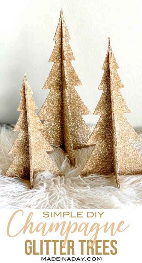 DIY Shimmering Champagne Glitter Christmas Trees, how to apply glitter, rose gold glitter trees, champagne gold Christmas trees, glitter trees, #glitter #christmasdecor #glittertrees #champagnegold #rosegold #Christmastree #woodtree #DIY #holidaydecor #champagne Diy Gold Christmas Tree, Rose Gold Christmas Decorations Diy, Glam Christmas Decor Ideas Diy, Silver And Gold Christmas Decor Diy, Champagne Gold Christmas Decor, Diy Gold Christmas Decorations, Gold Christmas Decorations Diy, Champagne Christmas Decor, Rose Gold Christmas Decor