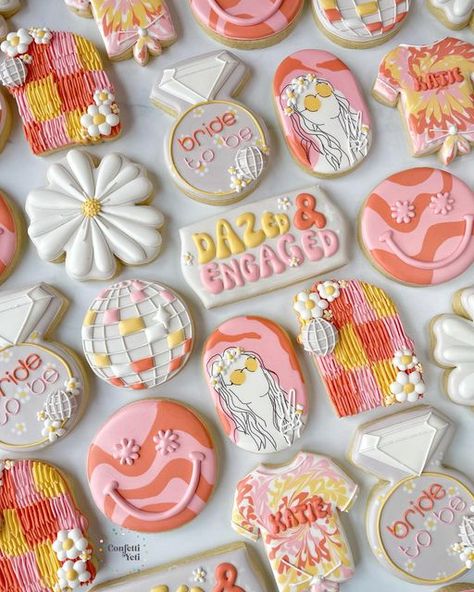 Dazed And Engaged Bachelorette Cookies, Dazed And Engaged Bridal Shower Ideas, Bachelorette Dazed And Engaged, Dazed And Engaged Engagement Party, Dazed And Engaged Cookies, Groovy Bridal Shower Cookies, Groovy Bachelorette Cookies, Disco Bridal Shower Cookies, Groovy Food Ideas