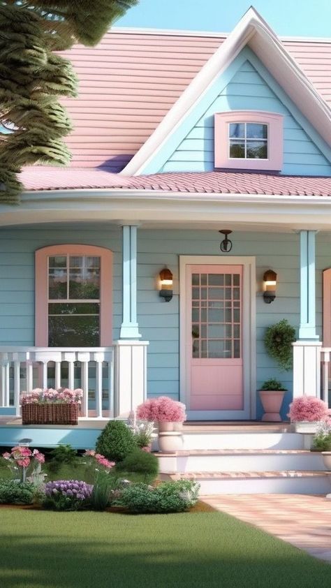 Pink Beach House Exterior, Bungalow Dollhouse, Pink House Exterior, Girly Cottage, Moon House, Green Painted Furniture, Porch Paint, Paint Color Ideas, Pink Victorian