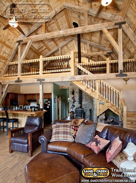 Gambrel House, Gambrel Barn, Barn House Interior, Post And Beam Home, Barn Loft, House Plan With Loft, Rustic Living Room Furniture, Stairs Ideas, Little House Plans