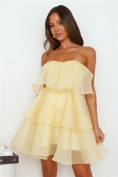 Feel like a dream in the Sunlight Rays Strapless Mini Dress. Featuring an elastic back and the most gorgeous tiered frill design. Style with accessories and heels for your fave 'fit yet. #hellomolly #erastour Bridal Shower Dress, Shower Dresses, Dress Yellow, Dresses Backless, Strapless Mini Dress, Pink Mini Dresses, Corset Dress, Mesh Dress, Black Maxi Dress