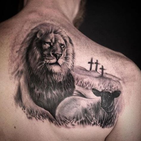 12+ Best Lion and Lamb Tattoo Designs Tattoo Christian, Lamb Tattoo, Fierce Lion, Mens Lion Tattoo, Tattoo Henna, Lion And Lamb, Cross Tattoo Designs, Small Meaningful Tattoos, Arrow Tattoos