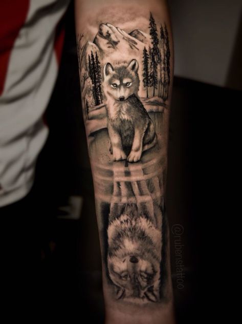 Wolf Reflection Tattoo Design, Wolf Tattoo Design Men Forearm, Tattoo For Son For Men, Wolf Reflection Tattoo, Sleeve Tattoos Nature, Sleave Ideas Men, Baby Wolf Tattoo, Tato Wolf, Siberian Husky Tattoo