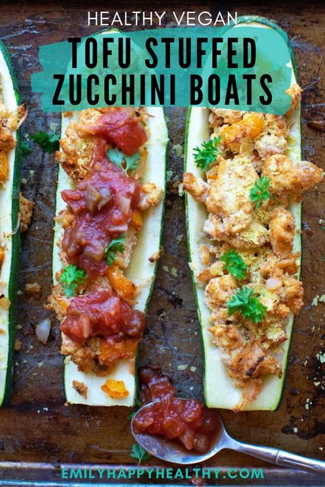 Healthy vegan zucchini recipe. oil free zucchini boat stuffed with tofu, pepper and onion. Easy to make with 11 simple whole food, plant based ingredients. #vegan Vegan Zucchini Boats, Tofu Zucchini, Vegan Zucchini Recipes, Balsamic Vegetables, Zucchini Boat, Zucchini Boat Recipes, Vegetable Side Dishes Healthy, Veggie Kabobs, Stuffed Zucchini Boats