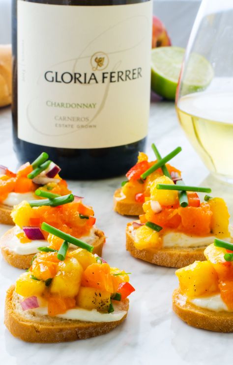 Goat Cheese Crostini with Orange Peach Salsa - Wendy Polisi                                                                                                                                                                                 More Cheese Crostini, Goat Cheese Crostini, Gourmet Appetizers, Chardonnay Wine, Peach Salsa, Wine Tasting Party, Cheese Party, Tasting Party, Wine Cheese