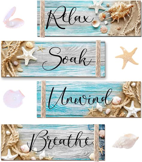 PRICES MAY VARY. 【Summer Beach Style Bathroom Decor】What you will receive are 4 pieces of bathroom wall decorations of different types + hemp rope, each small beach wall art is designed with hook on the back, which makes it easy to hang on anywhere want to add a fresh ocean breathe, delicate and rustic, enough and appropriate to be house decorations, especially helping you enjoy leisure shower time or bath time. 【Blue Ocean Bathroom Wall Decor】Our beach bathroom decors are lots of places where y Spa Washroom, Breathe Art, Ocean Bathroom, Beach Style Bathroom, Relax Soak Unwind, Beach Theme Bathroom, Beach Bathroom Decor, Rustic Coastal, Coastal Bathrooms