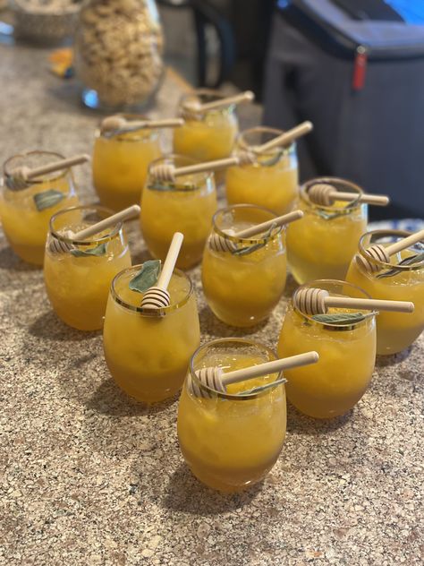 Bee Bridal Shower Theme Food, Honey Bee Party Ideas, Bee Themed Appetizers, Winnie The Pooh Mocktails, Bee Themed Drinks, Sweet As Honey Baby Shower Ideas, Bee Themed Brunch, A Little Honey Is On The Way Baby Shower Ideas, Honey Food Ideas