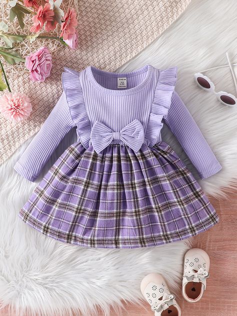 Violet Purple  Collar Long Sleeve Fabric Plaid A Line Embellished Slight Stretch  Baby Clothing Baby Doll Furniture, Girls Party Wear, Baby Boy Dress, Kids Fashion Trends, Purple Collar, Kids Designer Dresses, Baby Dresses