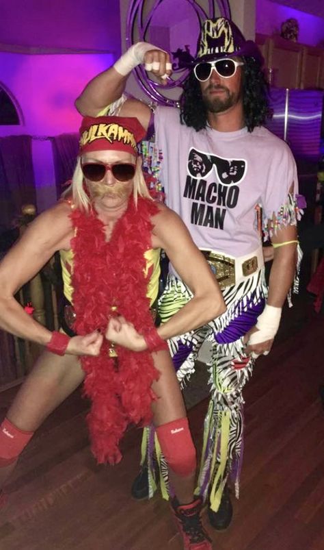 Hulk Hogan Randy Savage Costume, Macho Man Costume Diy, Pro Wrestler Halloween Costume, Hill Hogan Costume Women, Macho Man Costume Woman, Wrestler Costumes Halloween, Hill Hogan Costume, Female Hulk Hogan Costume, 80s And 90s Costume Ideas